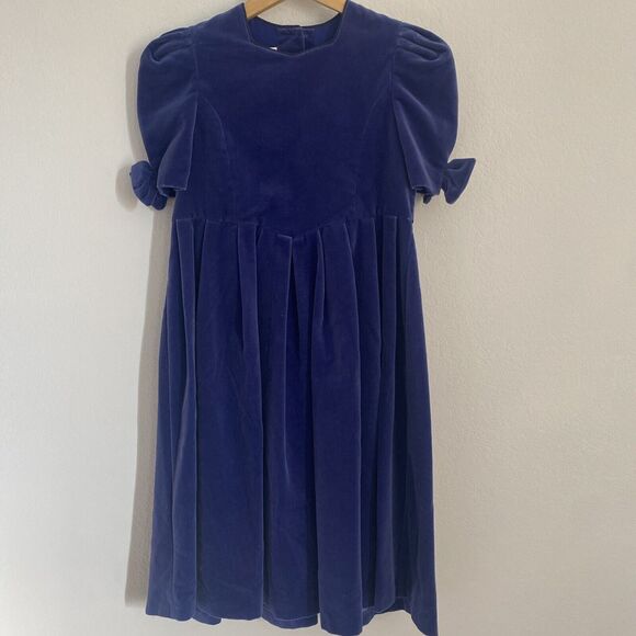 LAURA ASHLEY Mother & Child Dress Vtg Blue Velvet w Bows Winter Wedding Sz 10 yr